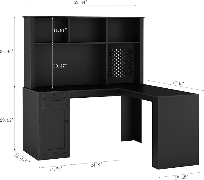 KEIKI L Shaped Home Office Desks with Outlet, Pegboard, Hutch, Drawers, Bookshelf & Storage Shelves, Modern Wooden Gaming Computer Corner Table for Work, Study, Writing