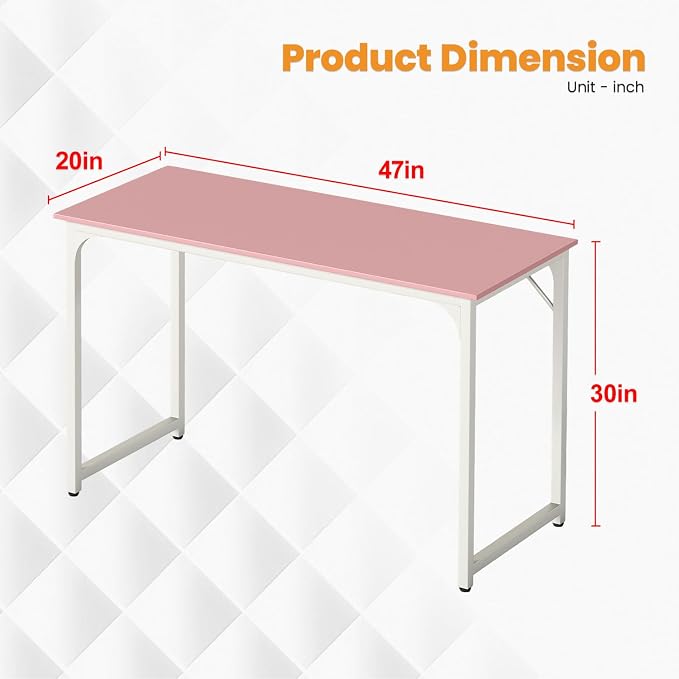 PayLessHere | 47 Inch Computer Desk | Pink | Office Desk with Metal Frame, Adjustable Feet | Water-Resistant, Scratchproof Surface | Sturdy Writing Table for Home Office or Study | Pack of 1