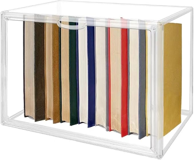 BOHOIDEE 4 Tiers Clear Acrylic Display Case for Closet, Purse Storage Organizers Box, Plastic Storage Bins with 3 Adjustable Divider and Magnetic Door