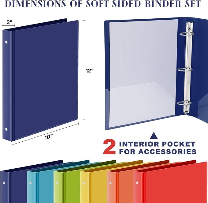 Fulmoon 6 Pack 2 Inch Plastic 3 Ring Binders with Pockets, Rainbow Colors | Flexible Covers with Round Rings and Front Pockets for Organizing Papers at School, Office, Meetings and Presentations