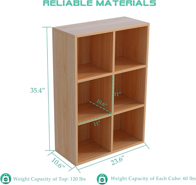 6-Cube Storage Shelf Bookcase, Oak | Wooden 3-Tier Open Bookshelf, Fits 11×11" Bins, Vertical or Horizontal Use, Full Back Panels, For Home Office