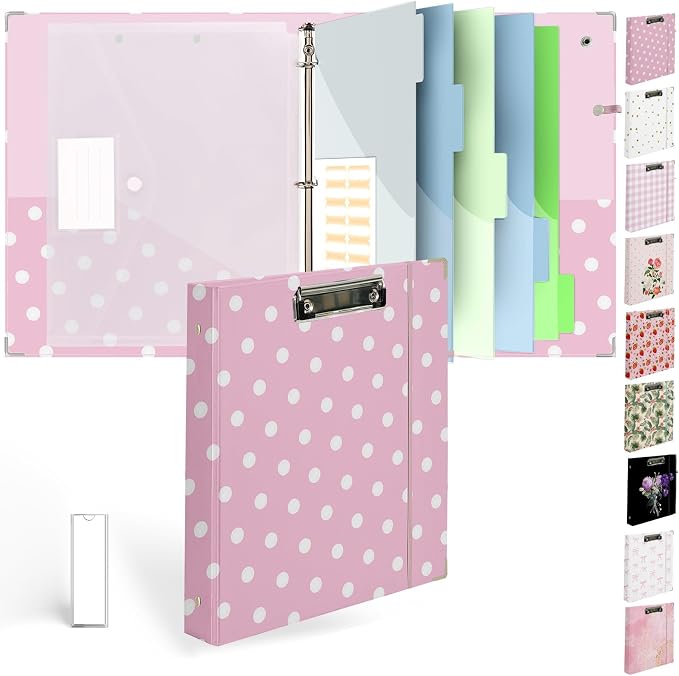 3 Ring Binder 1 inch with Clipboard - Pink Polka Dot Design, Includes Dividers, File Bag & Spine Label - Fun and Functional for School or Office, Holographic Waterproof Film