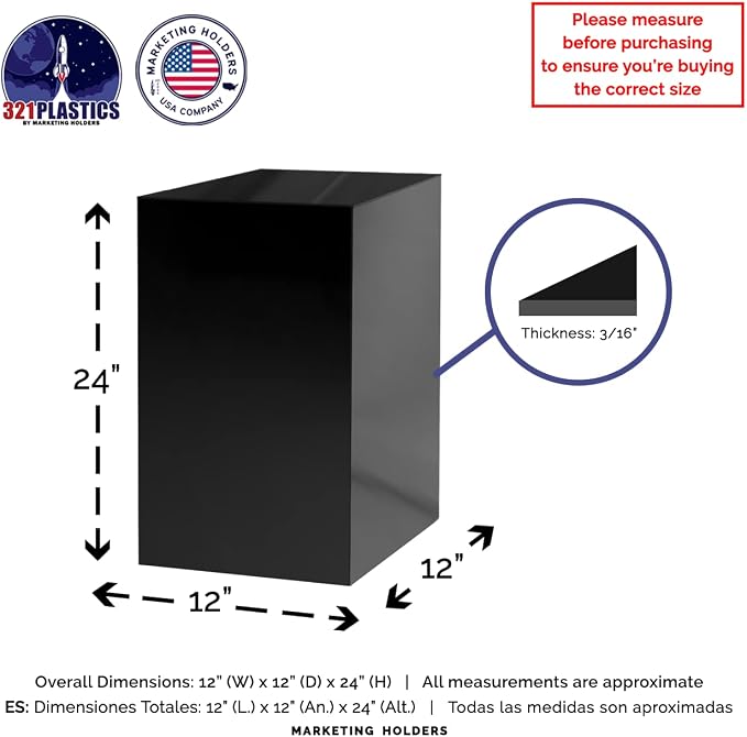 Marketing Holders 4 Pack Black Acrylic Display Box with One Open Side No Lids Versatile Plinth Vertical Column 12" x 12" x 24" Merchandise Retail Product Socle Riser No Assembly