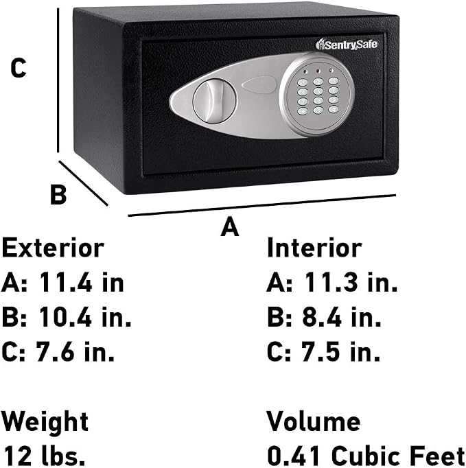SentrySafe Medium Safe with Digital Keypad, Lock Box with Code has Interior Lining and Bolt Down Kit that Secures Pistol, Money, 0.41 Cubic Feet, 7.6 x 11.4 x 10.4 Inches, X041E