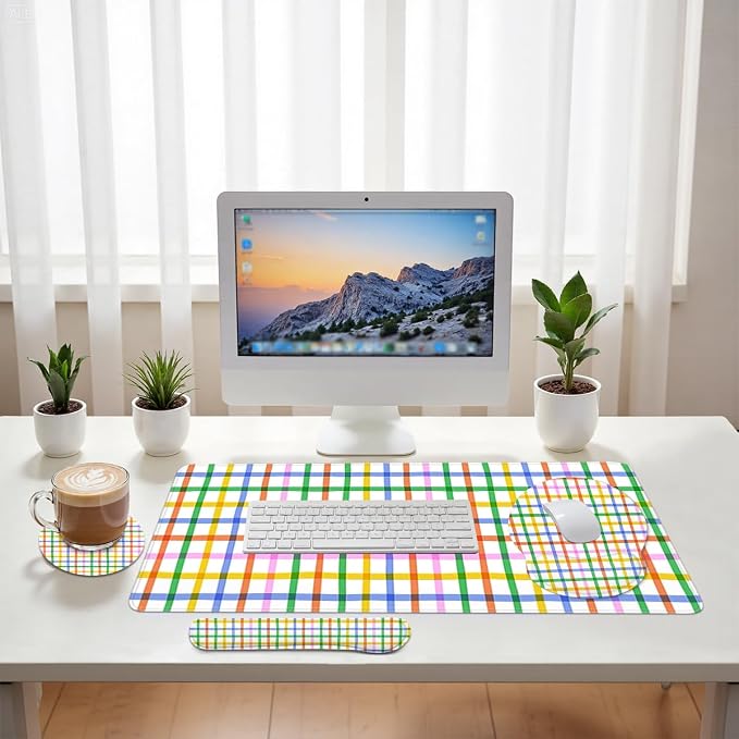 Plaid Mouse Pad Set Colorful Rainbow Checkered Seamless Gaming Mousepad 4in1 Desk Mat for Desktop Anti-Slip XXL Big Computer Ergonomic Mousepad with Wrist Support for Keyboard and Mouse