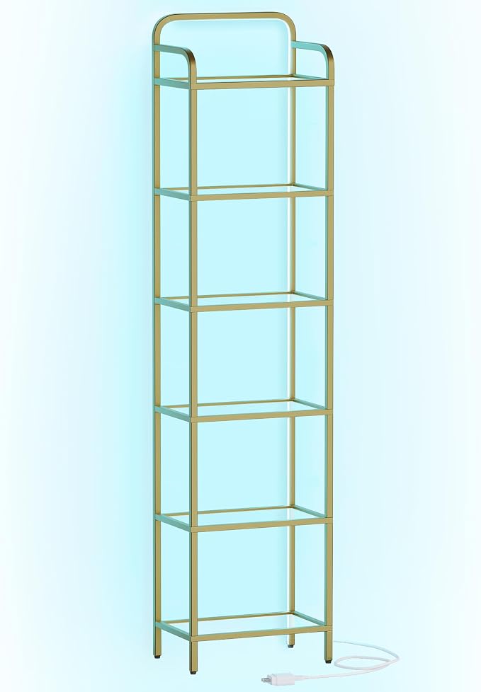 Hzuaneri Bookshelf, Tempered Glass Bookshelves with Lights and Steel Frame | Tall Narrow Bookcase, Display Shelf, Slim Shelving Unit for Living Room, Bedroom, 9.6"D x 15.4"W x 66.5"H Gold BC34699G