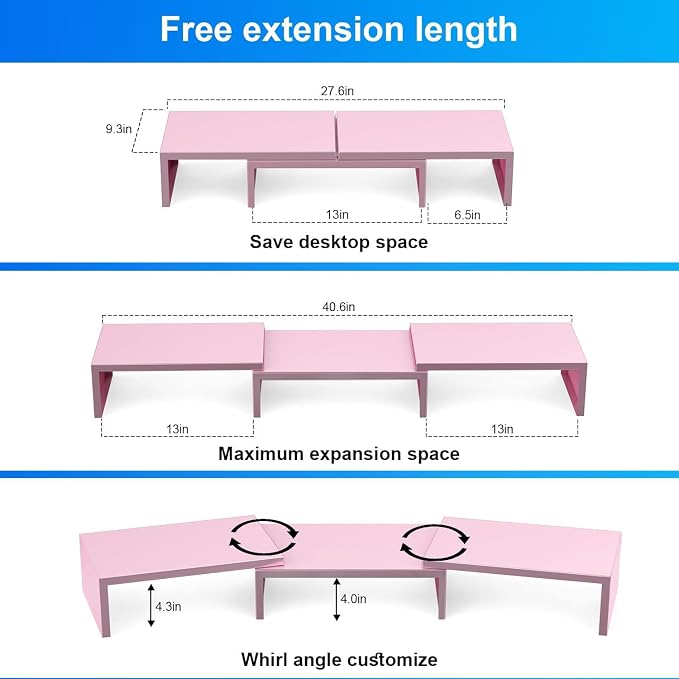 Dual Monitor Stand Riser | Monitor Stand for Desk, Metal Computer Stand, Desk Shelf Riser,Desktop Organizer for Home and Office Use (Pink)