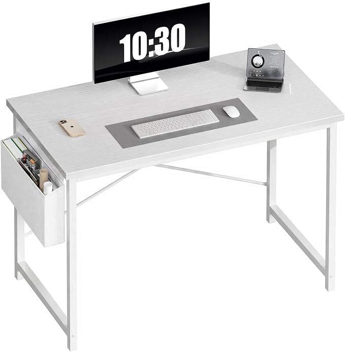 OLIXIS Computer Desk, 44 Inch Gaming Desks for Home Office Small Spaces | Writing Study Craft Work Table, Computer Workstation for Bedroom with Storage Bag, All White