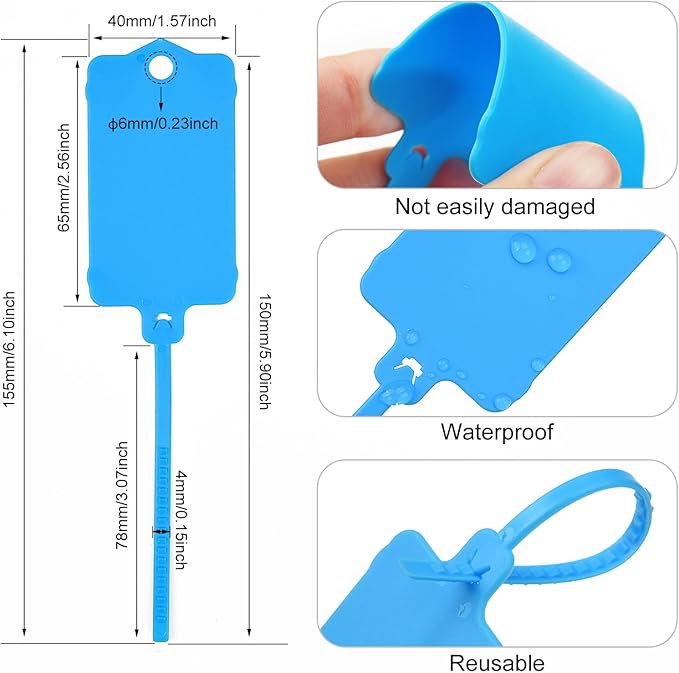 100pcs Blank Plastic Tags for Labeling Reusable Hanging Tags Ties Key Tag Storage Labels Waterproof Plastic Mark Label Writable Hang Sign with One Marker Pen (Blue)