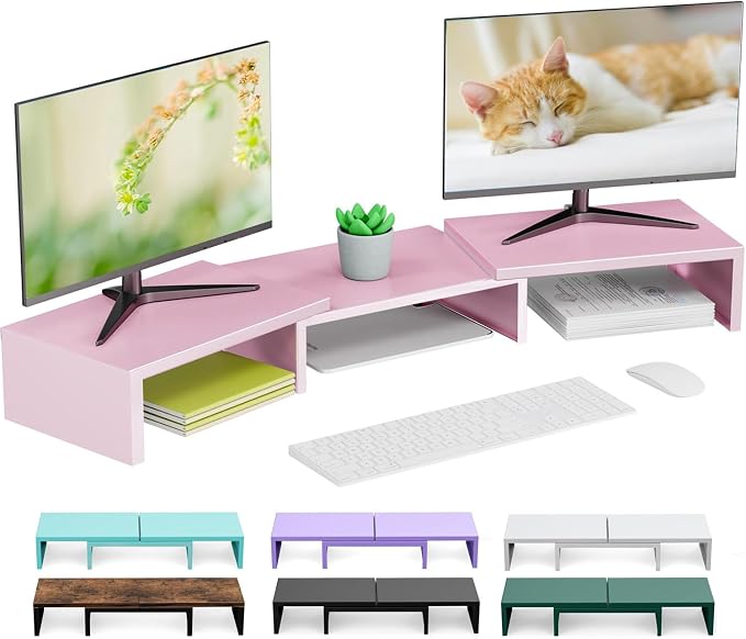 Dual Monitor Stand Riser | Monitor Stand for Desk, Metal Computer Stand, Desk Shelf Riser,Desktop Organizer for Home and Office Use (Pink)
