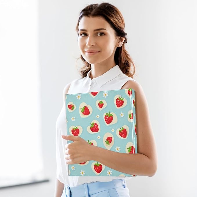 Aslsiy Floral Strawberry 3 Ring Binder 1.5 Inch Blue Dots Round Clipboard Decorative Harcover Binder Organizer for Office Supplies