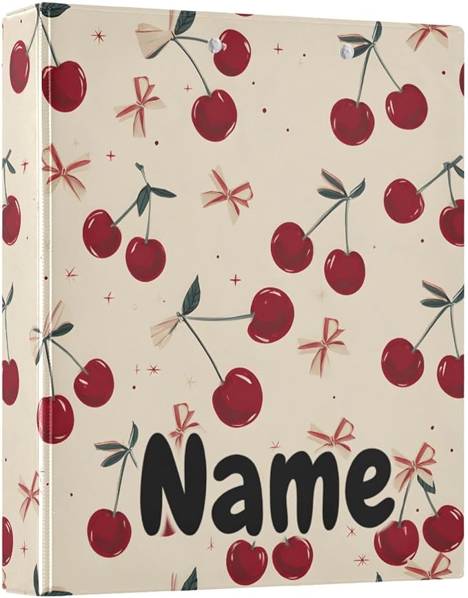 Custom 3 Ring Binder Retro Bow Cherry 1.5" Round Ring Binders Personalized Name View Binder with 200 Sheet for Kids School Supplies Women Men Office, 1 Pack