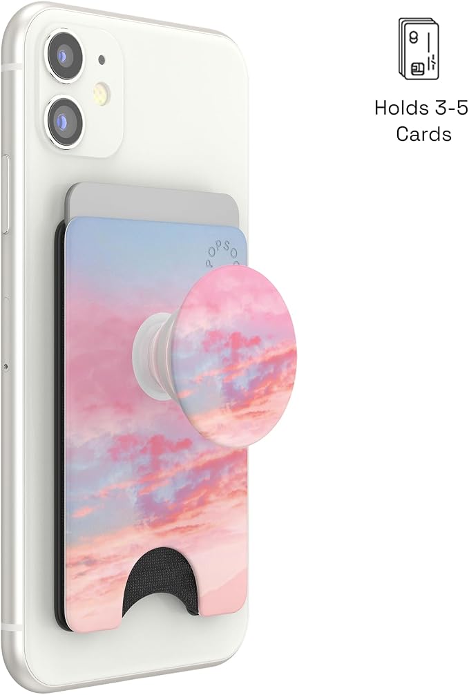 PopSockets Adhesive Phone Wallet with Grip- Pink Clouds | PopWallet, Holds 3-5 Cards, Swappable Top, Kickstand, Pink, Phone, Women