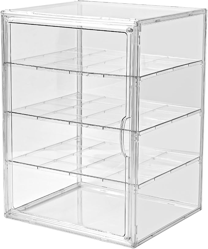 4 Tier Display Case for Collectibles,Clear Display Box with 3 Movable Plates ,Storage Container with Magnetic Door
