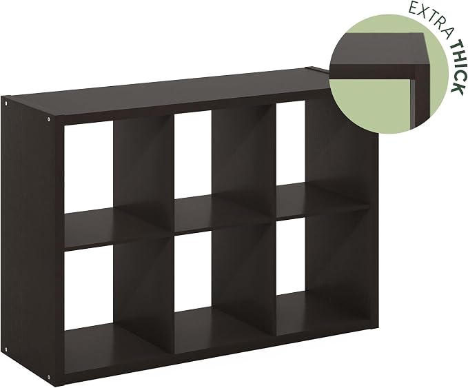Furinno Cubicle Book Shelf, 6-Cube Bookshelf, Extra Thick Frame Horizontally & Vertically Reversible Bookcase with Open Back, 14.6 x 43.8 x 30, for Living Room, Bedroom, Home Office, Black Oak