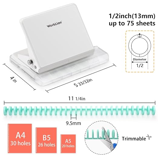 Binding Machine for Planner： WORKLION Metal 10 Hole Punch & Multi Color 30 Hole Loose Leaf Binder Rings(10 pcs) for Making 26 Holes on B5 Paper, 30 Holes on A4, 20 Holes on A5 Book.