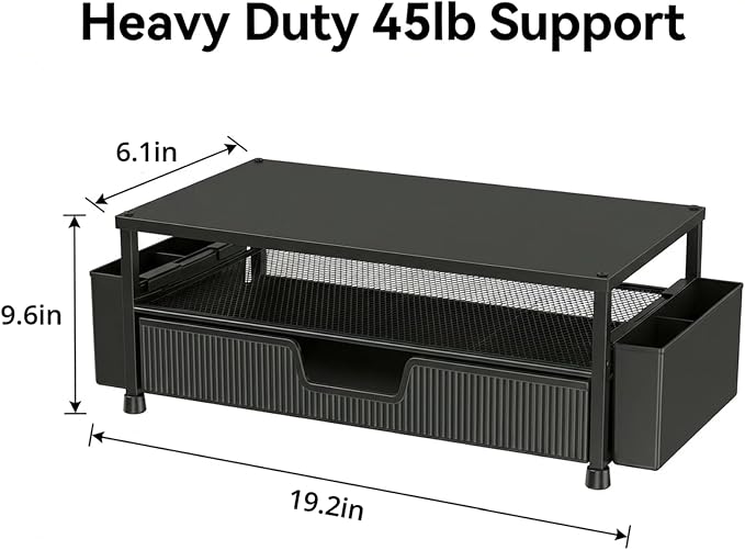 ECOLOVI Desk Organizer and Accessories, 2-Tier Computer Monitor Stand Rise with Storage Drawer & 2 Pen Holders, Laptop & Printer Stand for Desktop, Workspace Organizers for Office Supplies (Black)