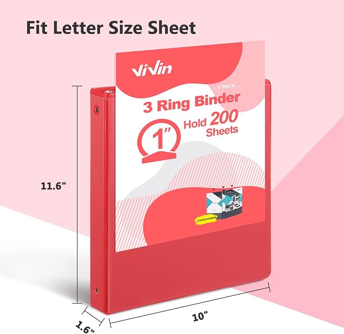 ViVin 1 Inch Round Ring View Binder for Durability, 6-Pack (Red) | Standard 3 Ring Binder for 200 Sheets of US Letter Size Paper, PVC-Free, Clear View Cover, Office Home School Use