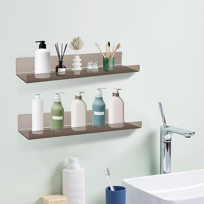 Dezzer 4 Pack Acrylic Shelves for Wall, 15" Acrylic Floating Shelves for Bathroom Bedroom, Invisible Bookshelf Wall Ledge Storage Shelf Books Perfume Toys Action Figure Display Shelves, Clear Gray