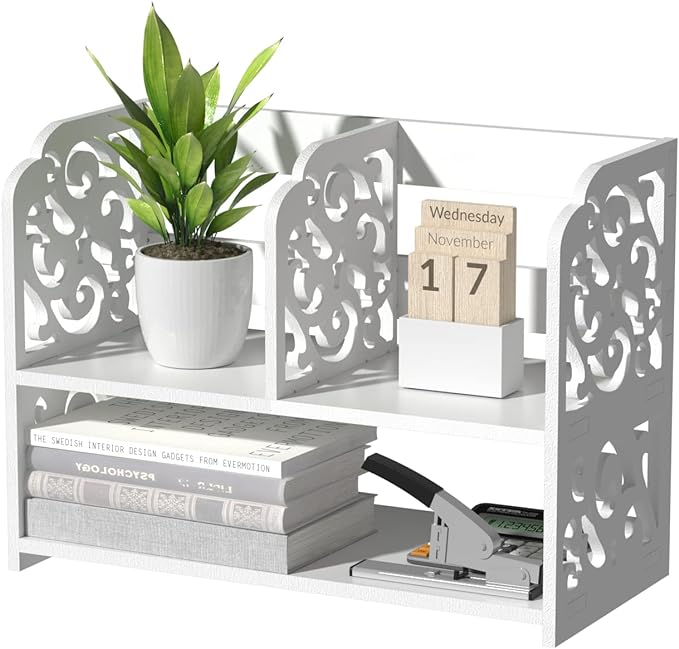 TY ARTS & CULTURE Vintage Hollow White Desktop Organizer Desk Storage Rack | desk storage rack, home office desktop shelf, tabletop furniture for desk, decorative desk organizer