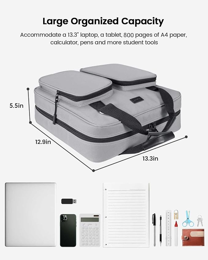 4 Inch Zipper Binder 3 Ring with Shoulder Strap,Tough/Multi-Pocket | Binder Bag with Laptop organizer for School Travel,Fit 13" MacBook & Tablet,800 Sheets Capacity,Water Resistant,Grey