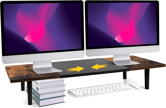 Across-Star Dual-Monitor-Stand-Riser-For-Desk Adjustable Length 32-40 Inch，Large Desktop Computer Monitor Riser For 2 Screens，Desk Shelf Organizer Riser Stand For Computer/Laptop/PC/Printer/TV Black