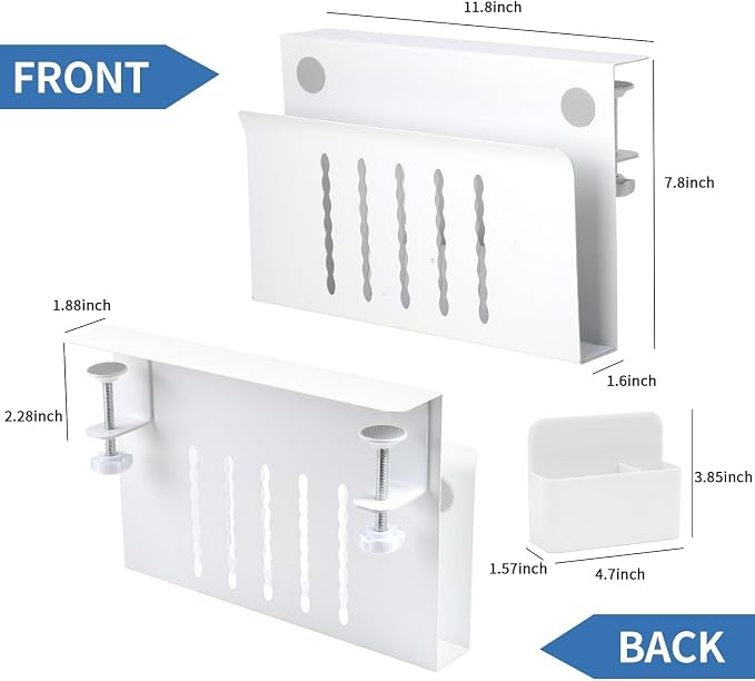 Desk Side Storage, Under Desk Hanging Storage | Standing Desk Organizer with Magnetic Pen Slot, No Drill Clamp to 0.5-2.38" Desks, 22 Lbs Carbon Steel (White)