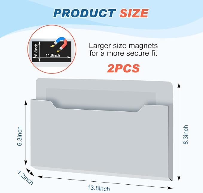 Feifeiya 2 Pcs Magnetic File Folder Wall Hanging Holder Large Pocket Paper Magazine Mail Organizer for Refrigerator Classroom Locker Whiteboard(Horizontal,Grey,13.8 x 8.3 Inches)