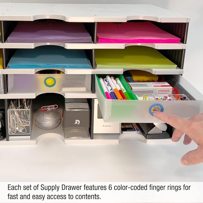 Ultimate Office TierDrop Supply Drawers, 9w x 12d x 2.25h, Set of 3, Clear | Color-coded finger rings for easy access to contents; stores desk accessories and supplies; designed for TierDrop organizers