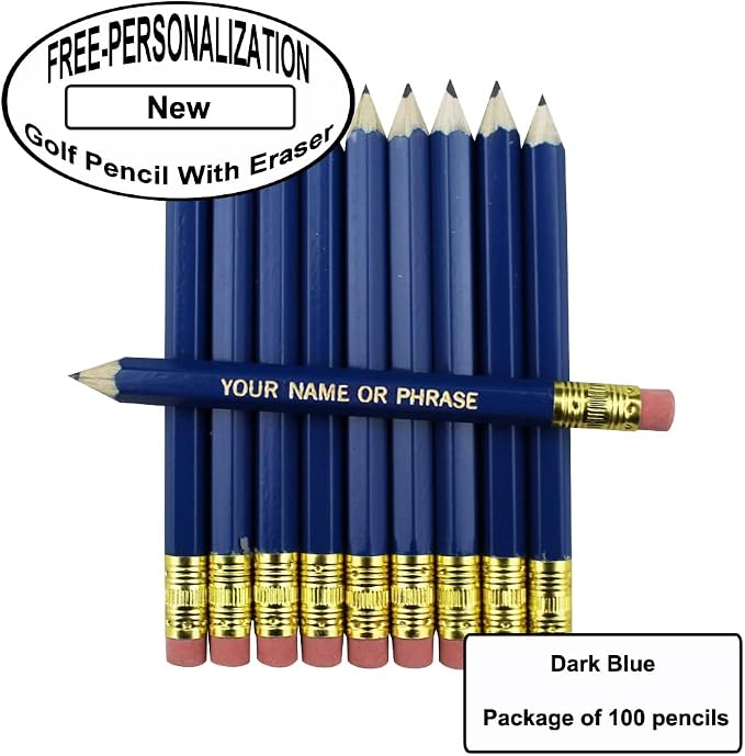 EZPENCILS & GIFTS - Golf Pencils Tipped with Eraser (1/2 a Pencil - Pew Pencils) - Dark Blue Colored Barrel - FREE-PERSONALIZATION - 2HB Black Lead - Custom Text - Non-Smear Eraser – Package of 100