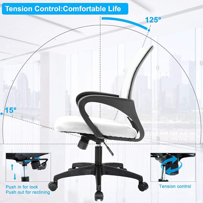 BestOffice | Ergonomic Office Chair | Mid-Back Swivel Desk Chair | Breathable Backrest & Lumbar Support | Adjustable Height | Sponge Seat | Rolling Wheels | White | for Adults & Women | Pack of 2