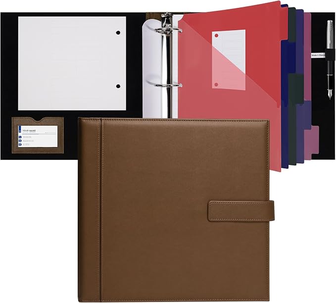 POPRUN 1.5 Inch PU Leather Portfolio Binder, Letter Size, Brown | 1.5" Ring, Letter Size, PU Leather, Dividers, Card Slots, Storage Pockets, Business, Office