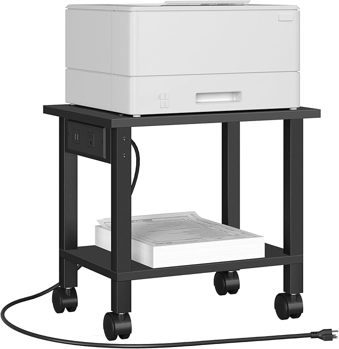 TUTOTAK Printer Stand, 2 Tier Rolling Printer Cart with Charging Station | Small Under Desk Printer Table with Wheels for Small Space, Office, Home, Black PS01BK001