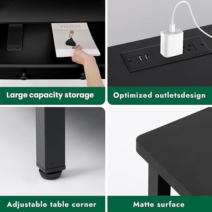 27" LED Nightstand Set 2 with Charging Station, 2 Drawers, Black | RGB App Control, 2 AC Outlets & 2 USB Ports, Open Storage, Adjustable Feet, Wood Tall Nightstand for Bedroom or Office