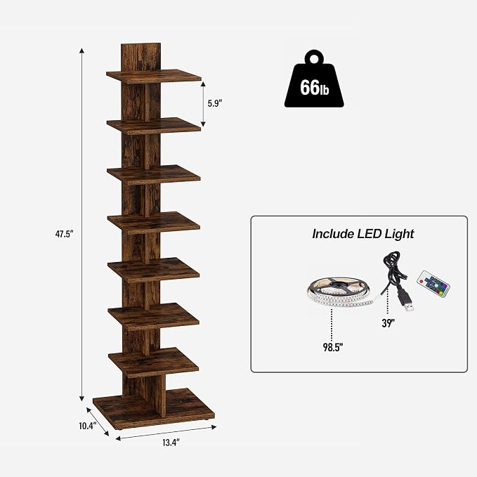 TUTOTAK Book Shelf, Narrow Spine Bookshelf, 8-Tier Bookcase with LED Lights | 10.4 x 13.4 x 47.5 Inches Vertical Freestanding Corner Shelf for Living Room, Office, Small Space, Brown BS06BB008L