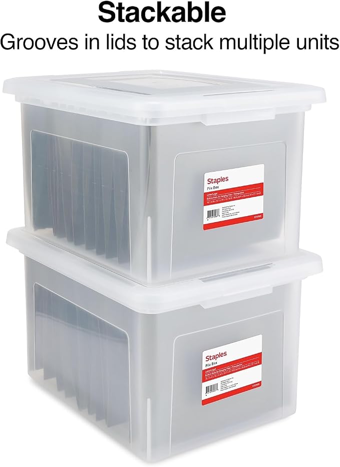 Staples Hanging File Folder Box, Storage Bin Organizer, Snap Lid, Clear | Fits letter and legal size documents. Stackable design keeps files secure and visible.