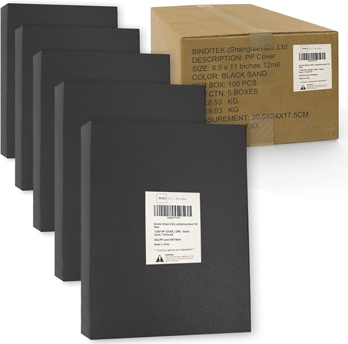 Binditek 12 Mil Sand-Textured Binding Covers, Letter Size, Black, 500 Pack | Plastic Binding Covers, 8.5" x 11", Subtle Matte Finish, Square Corners, Unpunched, Ideal for Business Reports and Proposals