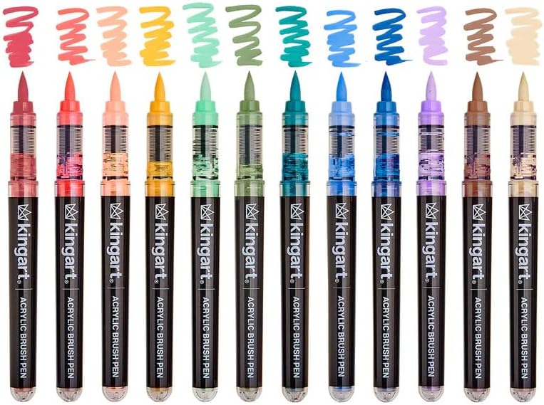 KINGART Acrylic Paint Markers Brush Tip, 12 Vintage Colors. Water-based, no-bleed, waterproof pens with automatic ink control for rock, egg, wood, fabric, glass & DIY crafts