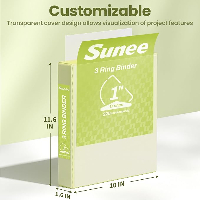 SUNEE 3 Ring Binder 1 Inch D Ring, Clear View Binder Three Ring PVC-Free (Fit 8.5x11 Inches) for School or Office Supplies, Yellow, 1 Pack