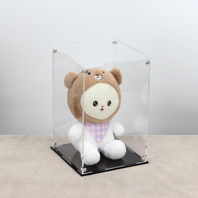 8x8x12In Self Assemble Acrylic Display Case with Black Base | Clear Acrylic Box Countertop Box Glass Case for Collectibles, Rectangle Box with Black Stand for Display Dolls Models Figure