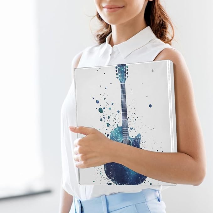 Watercolor Blue White Guitar Binder 1.5 Inch Binder with Clipboard&Pockets, Music Hardcover Binders 3 Ring, Heavy Duty Large File Folder for Office School Supplies - Holds 200 Sheets, 2 Pack