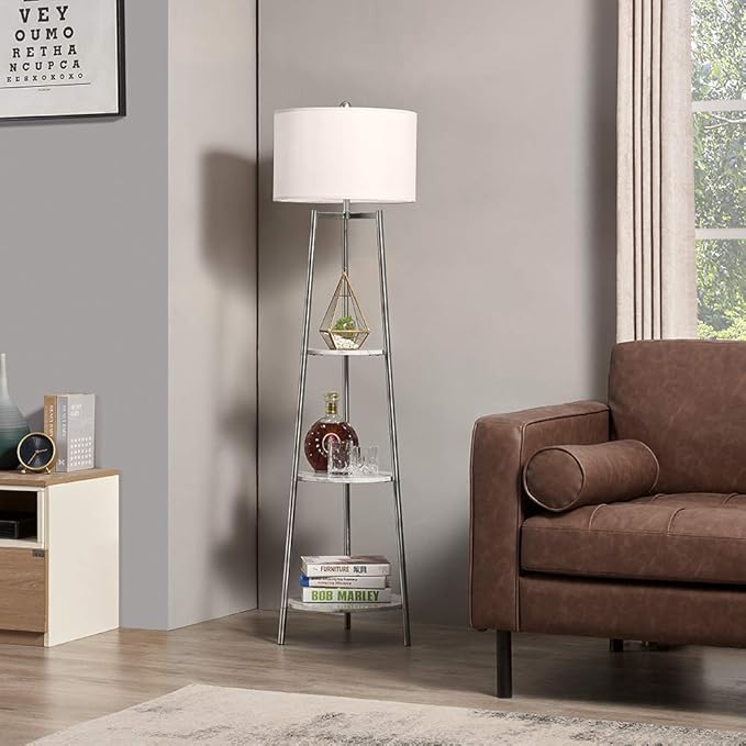 ROSEN GARDEN Floor Lamp, Standing Reading Light with Faux Marble Shelves and Fabric Shade, Modern Tall Pole Lamp, Accent Furniture Décor Lighting for Living Room, Bedrooms