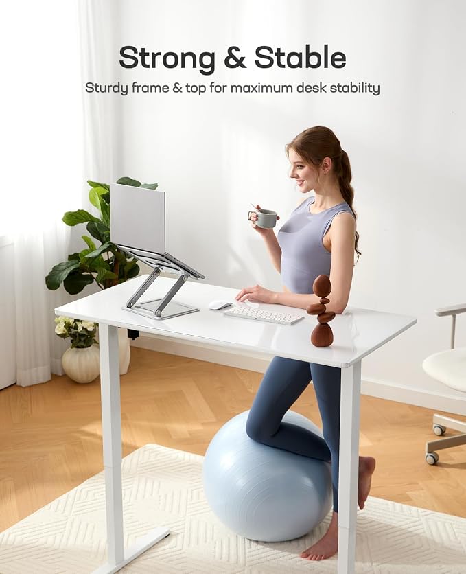 Marsail 37 x 22 inch Glass Standing Desk with 4-Zone Drawer Storage, 3 Pack | 28.3–46.5 Inch Height Range, One-piece Glass top, Sit Stand Design, White finish, Compact Desk for Computer & Home Office