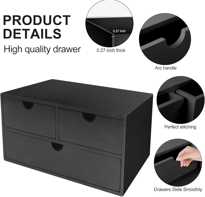 Charmewooden Bamboo Desk Organizer with 3 Drawers, Countertop Organizer with Drawers Makeup Storage Drawer 3 Drawer Tabletop Storage Organization Box Home Office Workspace（Black）