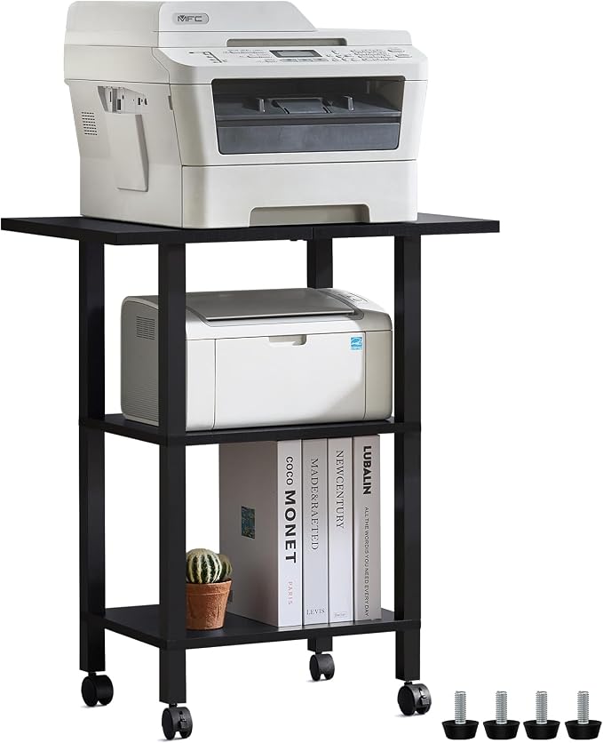 YUFAM 3 Tier Home Printer Stand with Storage, Black | Wooden Mobile Printer Table Shelf, Rolling Printer Cart Shelf with Lockable Wheels fit Fax Machine, Scanner