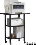 YUFAM 3 Tier Home Printer Stand with Storage, Black | Wooden Mobile Printer Table Shelf, Rolling Printer Cart Shelf with Lockable Wheels fit Fax Machine, Scanner