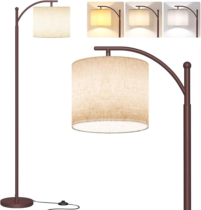 SUNMORY Arc Floor Lamp, Modern Floor Lamp with 9W 3 Color Temperatures Bulb | Metal Standing Lamps with Adjustable Hanging Lampshade, Tall Floor Lamps for Living Room, Bedroom, Office, Brown