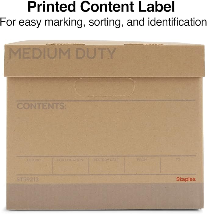 Staples Medium-Duty 100% Recycled Storage Boxes, Letter/Legal, 12-Pack | Eco-friendly stackable boxes for document storage in offices.