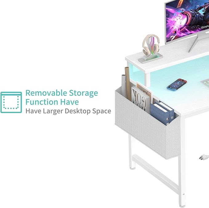 Lufeiya Small White Desk with LED Lights and Power Outlets, 32 Inch Home Office Computer Desks with Monitor Stand, Teen Writing Study Table Gaming Desk with Charging Station, White