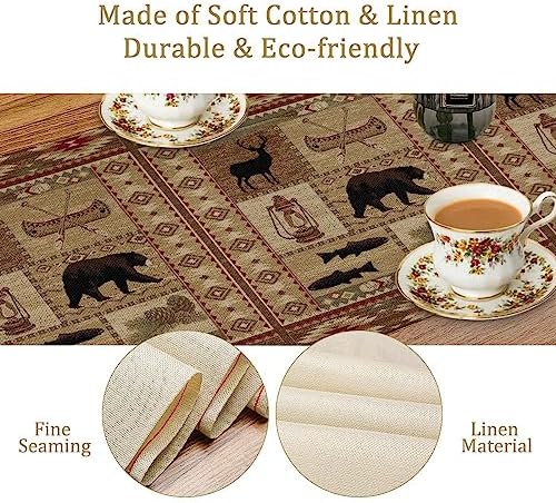 Vintage Rustic Cabin Bear Table Runner,Cottage Country Style Pine Tree Elk Wildlife Dinner Runner for Home Kitchen Dining Table Decoration 13"x120"